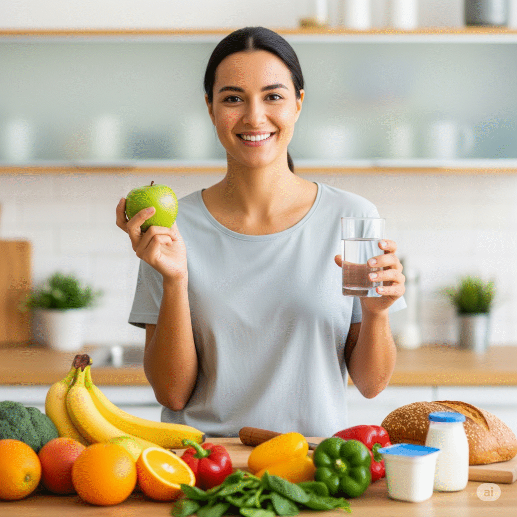 Uma pessoa sorrindo e fazendo escolhas saudáveis